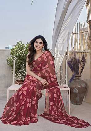 Digital Printed Chiffon Saree in Maroon
