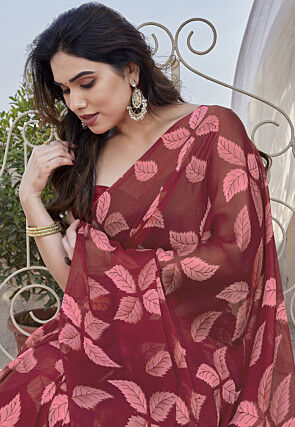 Digital Printed Chiffon Saree in Maroon