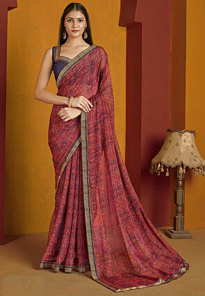 Digital Printed Chiffon Saree in Maroon