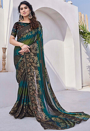 Digital Printed Chiffon Saree in Multicolor