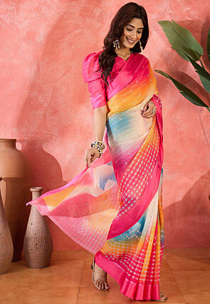 Digital Printed Chiffon Saree in Multicolor