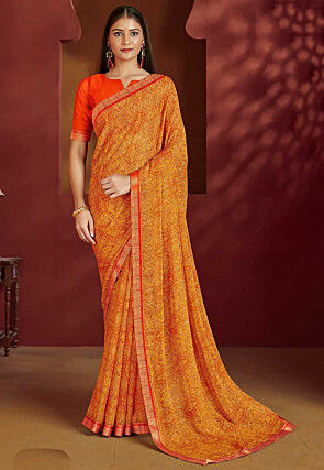 Digital Printed Chiffon Saree in Mustard