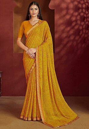 Digital Printed Chiffon Saree in Mustard