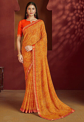 Digital Printed Chiffon Saree in Mustard