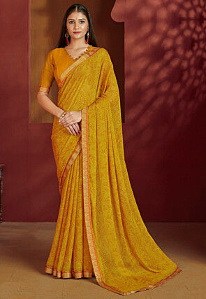 Digital Printed Chiffon Saree in Mustard