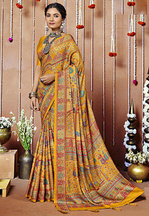 Digital Printed Chiffon Saree in Mustard