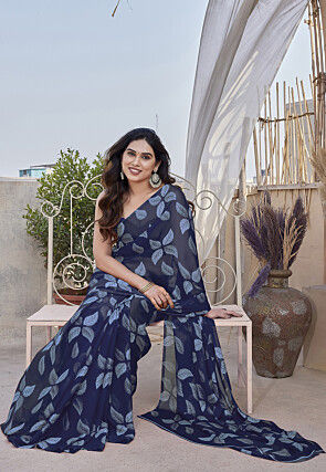 Digital Printed Chiffon Saree in Navy Blue