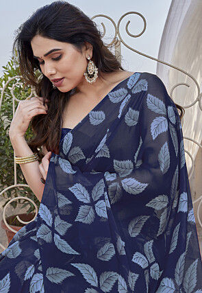 Digital Printed Chiffon Saree in Navy Blue