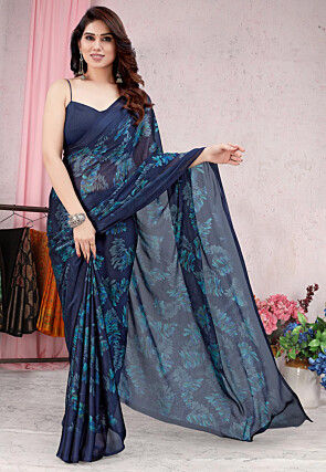 Digital Printed Chiffon Saree in Navy Blue