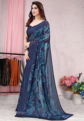 Digital Printed Chiffon Saree in Navy Blue