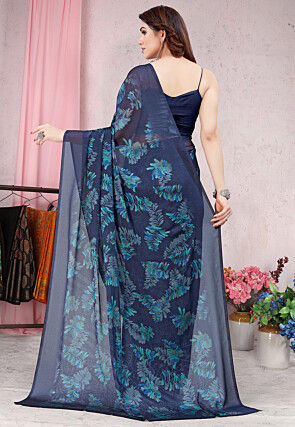 Digital Printed Chiffon Saree in Navy Blue