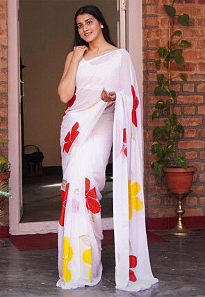 Digital Printed Chiffon Saree in Off White