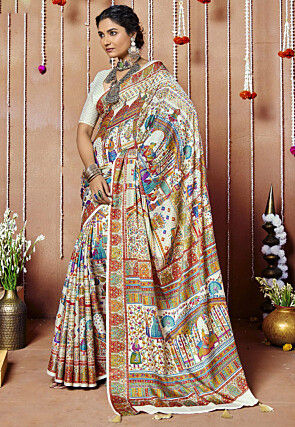 Digital Printed Chiffon Saree in Off White