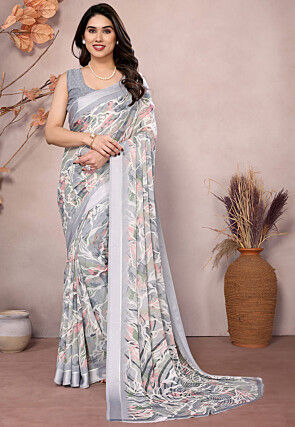 Digital Printed Chiffon Saree in Off White