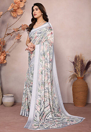 Digital Printed Chiffon Saree in Off White
