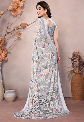 Digital Printed Chiffon Saree in Off White