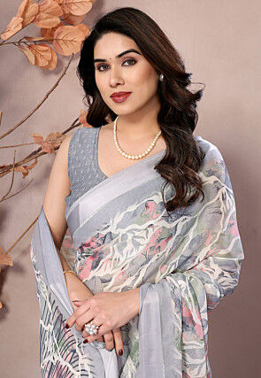 Digital Printed Chiffon Saree in Off White