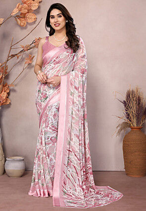 Digital Printed Chiffon Saree in Off White