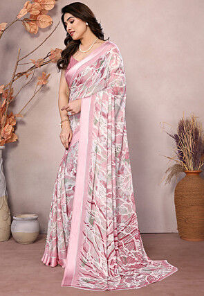 Digital Printed Chiffon Saree in Off White