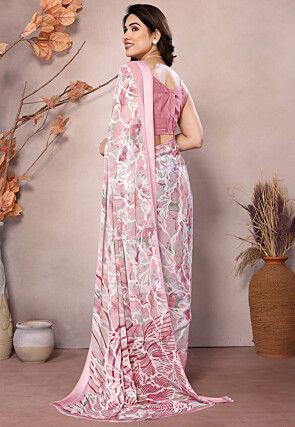 Digital Printed Chiffon Saree in Off White