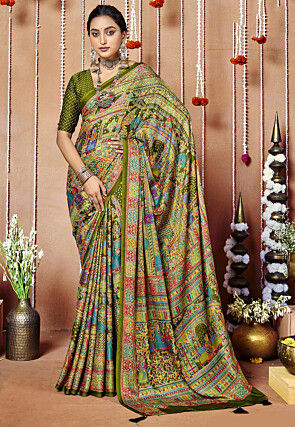 Digital Printed Chiffon Saree in Olive Green