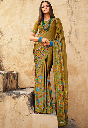 Digital Printed Chiffon Saree in Olive Green