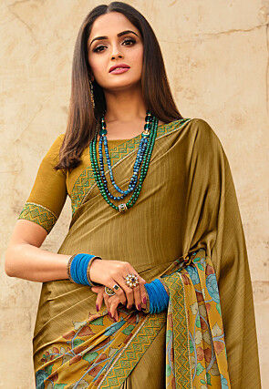 Digital Printed Chiffon Saree in Olive Green