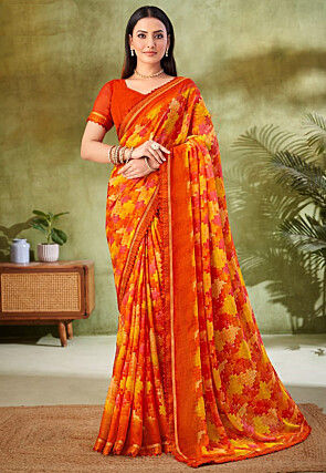 Digital Printed Chiffon Saree in Orange and Yellow