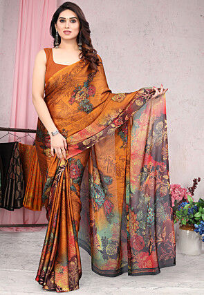 Digital Printed Chiffon Saree in Orange