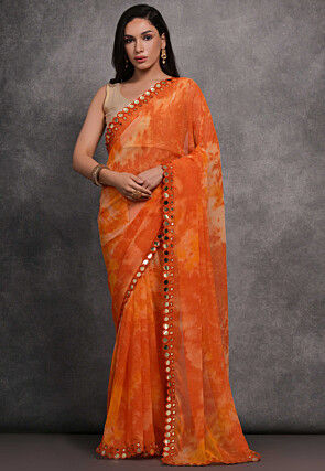 Digital Printed Chiffon Saree in Orange