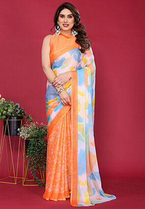 Half N Half Chiffon Saree in Orange and Multicolor