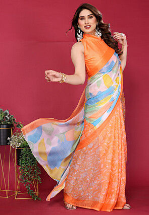 Half N Half Chiffon Saree in Orange and Multicolor