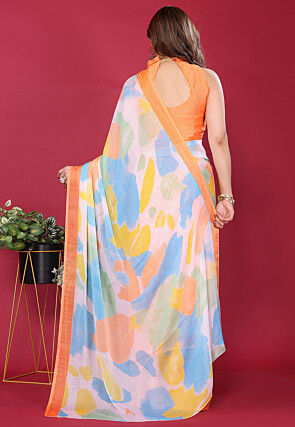 Half N Half Chiffon Saree in Orange and Multicolor