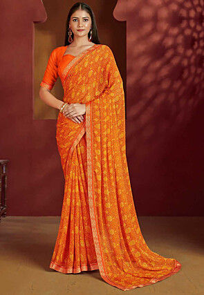 Digital Printed Chiffon Saree in Orange