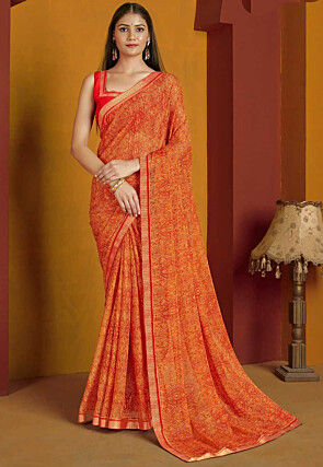 Digital Printed Chiffon Saree in Orange