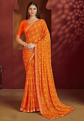 Digital Printed Chiffon Saree in Orange