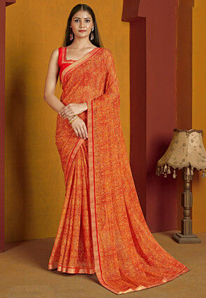 Digital Printed Chiffon Saree in Orange
