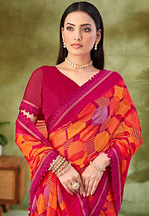 Digital Printed Chiffon Saree in Orange
