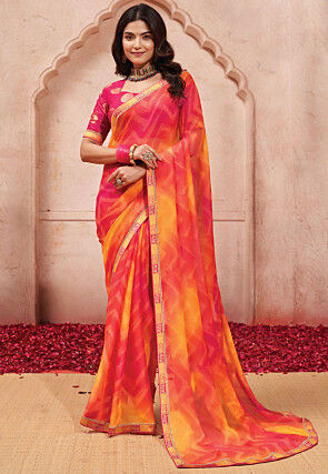 Digital Printed Chiffon Saree in Peach and Yellow