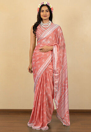 Digital Printed Chiffon Saree in Peach