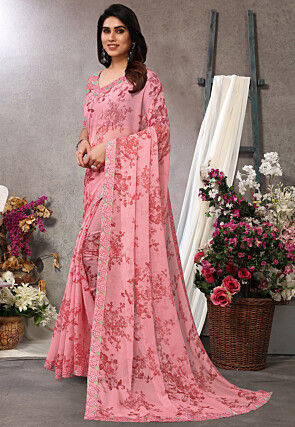 Digital Printed Chiffon Saree in Peach