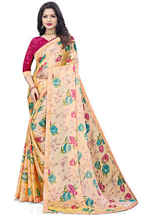 Digital Printed Chiffon Saree in Peach