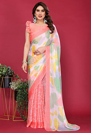 Half N Half Chiffon Saree in Peach and Off White