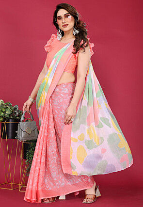 Half N Half Chiffon Saree in Peach and Off White