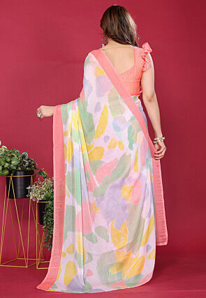 Half N Half Chiffon Saree in Peach and Off White