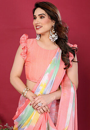 Half N Half Chiffon Saree in Peach and Off White
