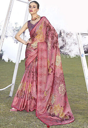 Digital Printed Chiffon Saree in Pink