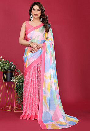 Half N Half Chiffon Saree in Pink and Multicolor