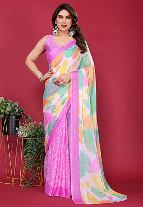 Half N Half Chiffon Saree in Pink and Multicolor