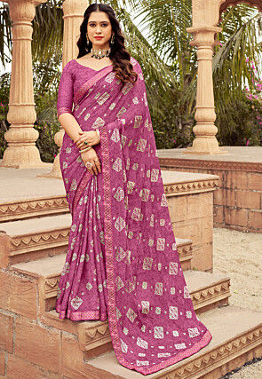 Digital Printed Chiffon Saree in Pink